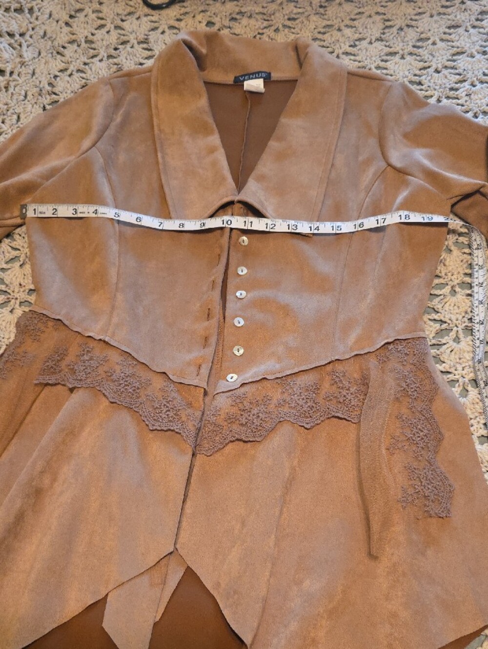 VENUS Tan Suede-Look Lace Trim Blazer - Picture 2 of 6
